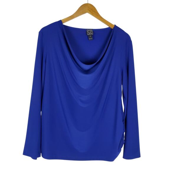 Clara Sun Woo Cowl Neck Top Womens 1X Blue Long Sleeve Blouse Side Rouched - Picture 1 of 12